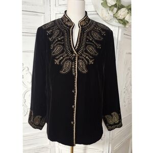 Soiree Black Vervety Like Button Up Beaded Embroidered Jacket
